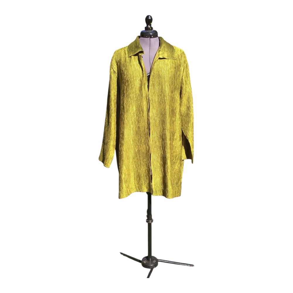 Pile Ou Face Paris Above Knee-Length Greenish-Gold Crinkle Blouse Jacket M-L
